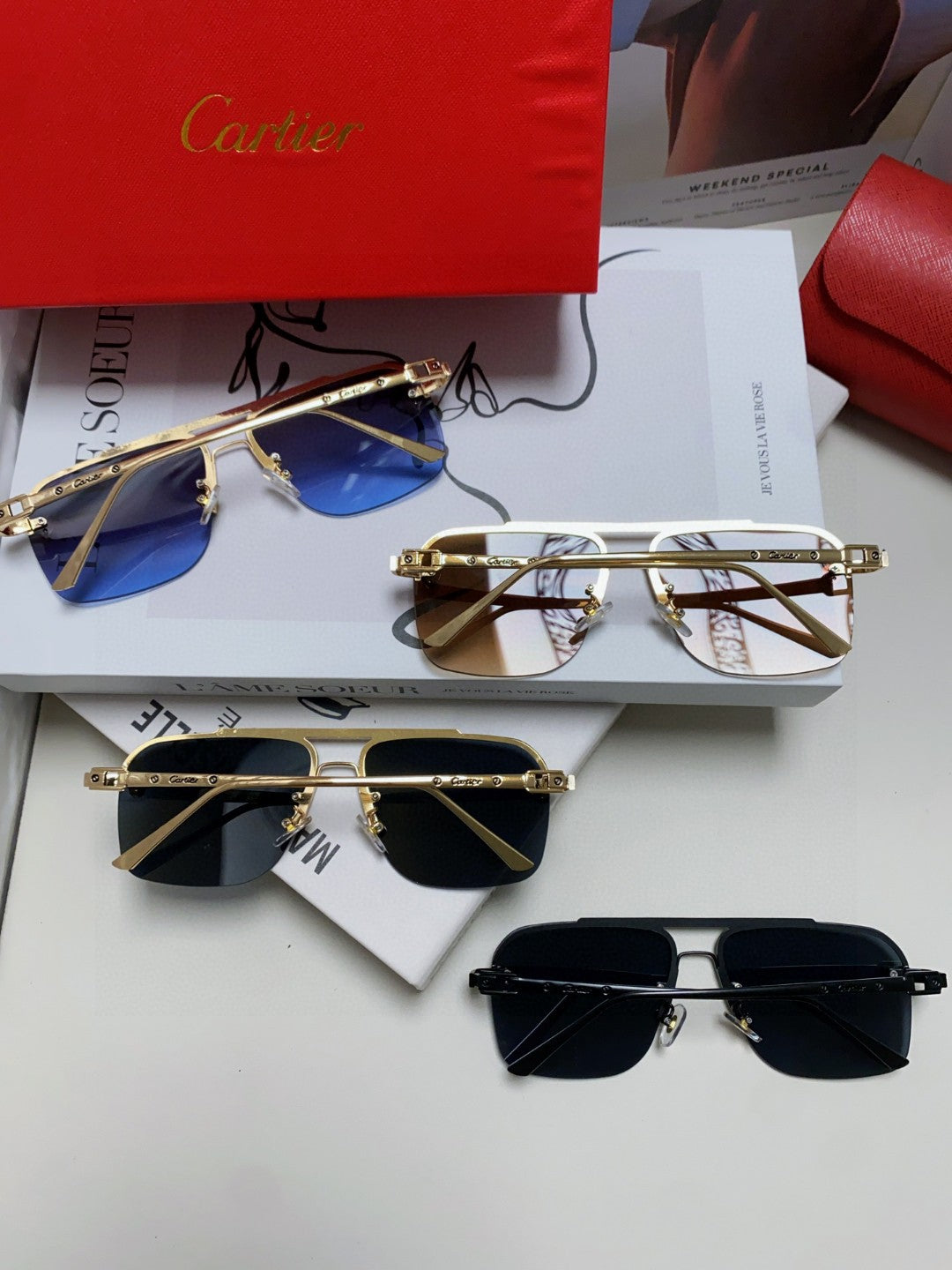 Cartier Lightweight Rimless Blue Lens Sunglasses for Men & Women - 449448 - detail image 7