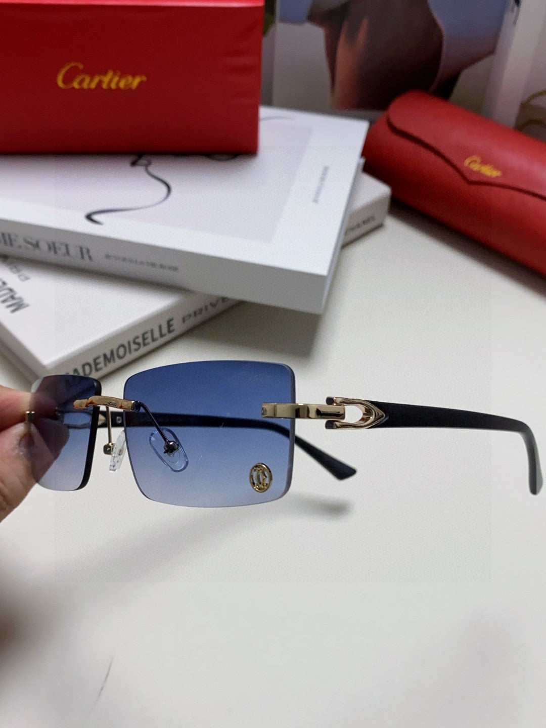 Cartier Blue-Light Rimless Blue Lens Sunglasses for Men & Women - 998248 - detail image 5
