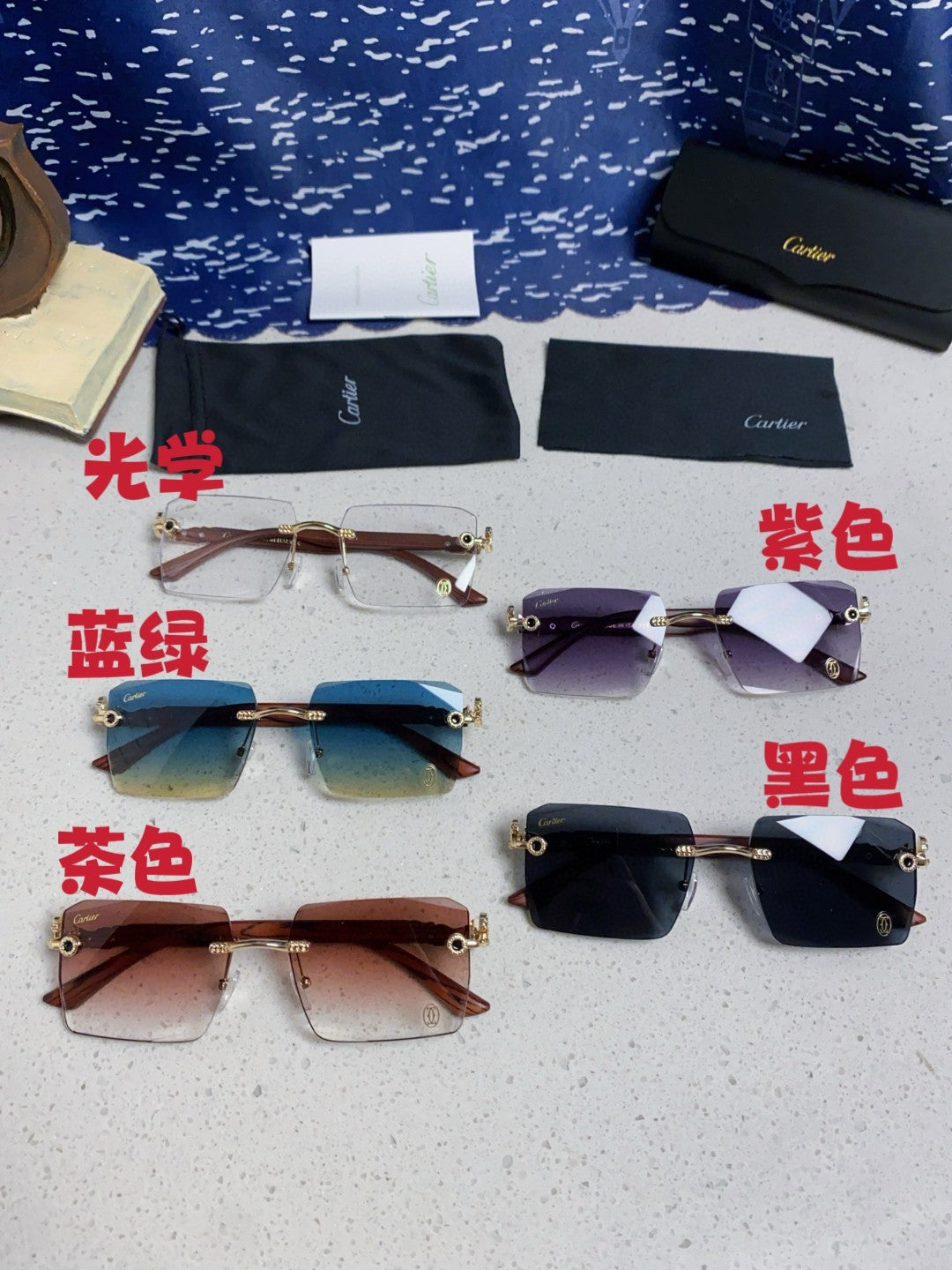 Cartier Lightweight Rimless Blue Lens Sunglasses for Men & Women - 487371 - detail image 12