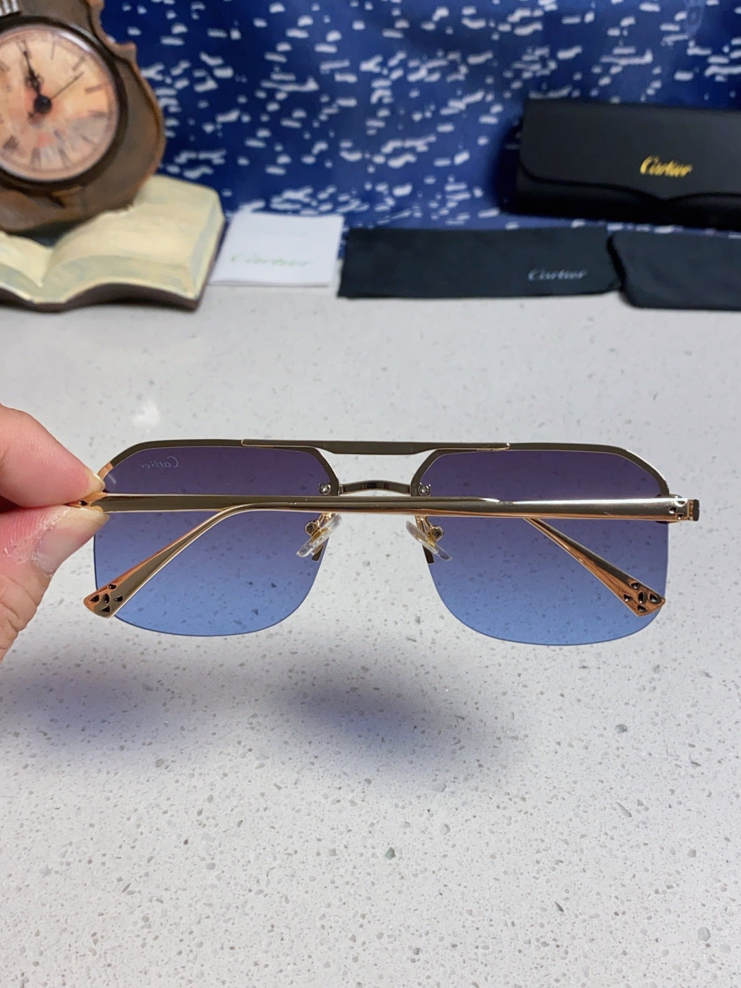 Cartier Metal Square Blue Lens Sunglasses for Men & Women - 399006 - detail image 5
