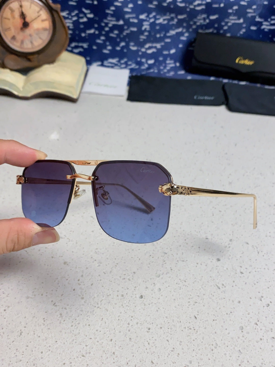 Cartier Metal Square Blue Lens Sunglasses for Men & Women - 399006 - detail image 6