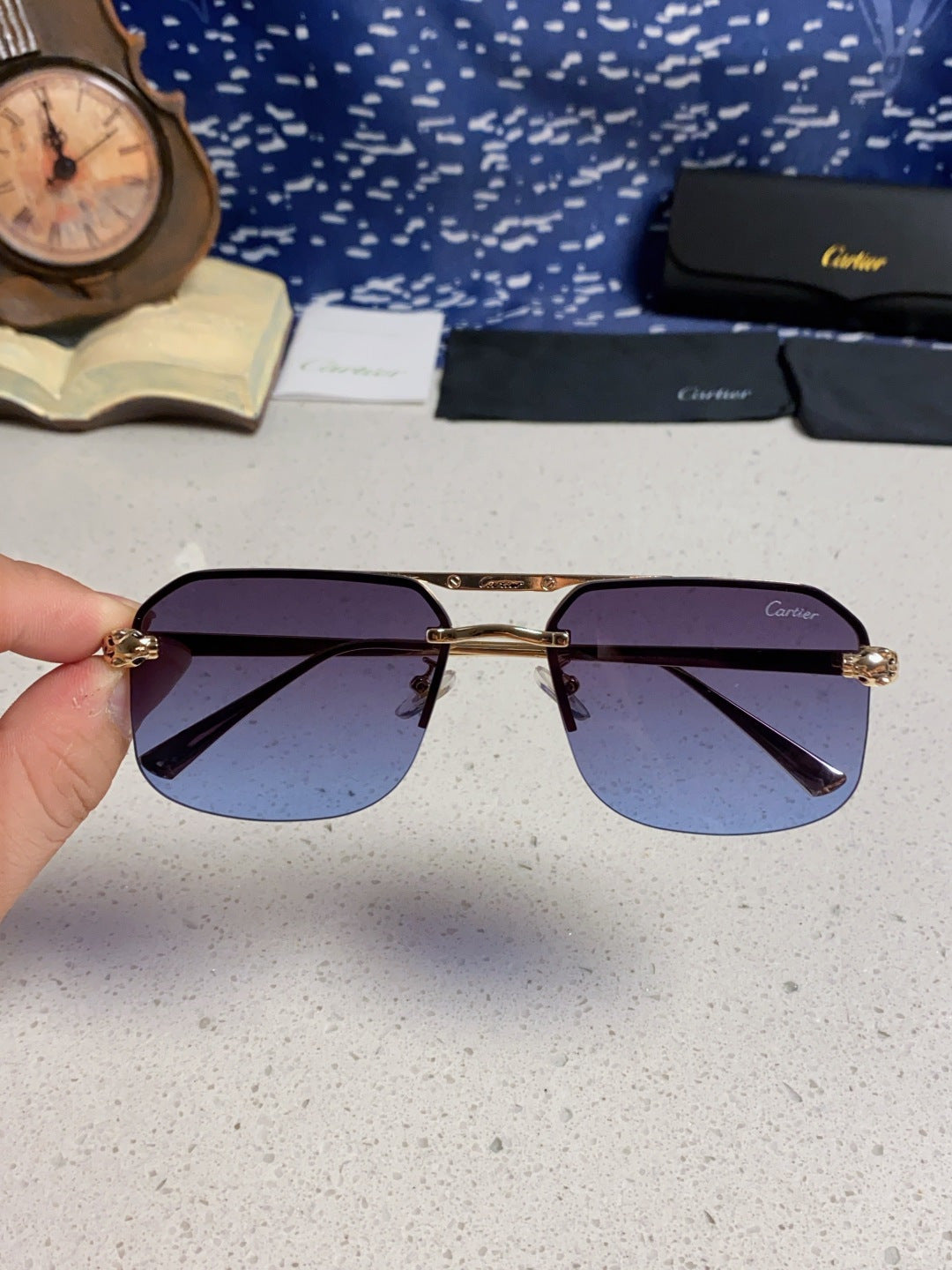 Cartier Metal Square Blue Lens Sunglasses for Men & Women - 399006 - detail image 4