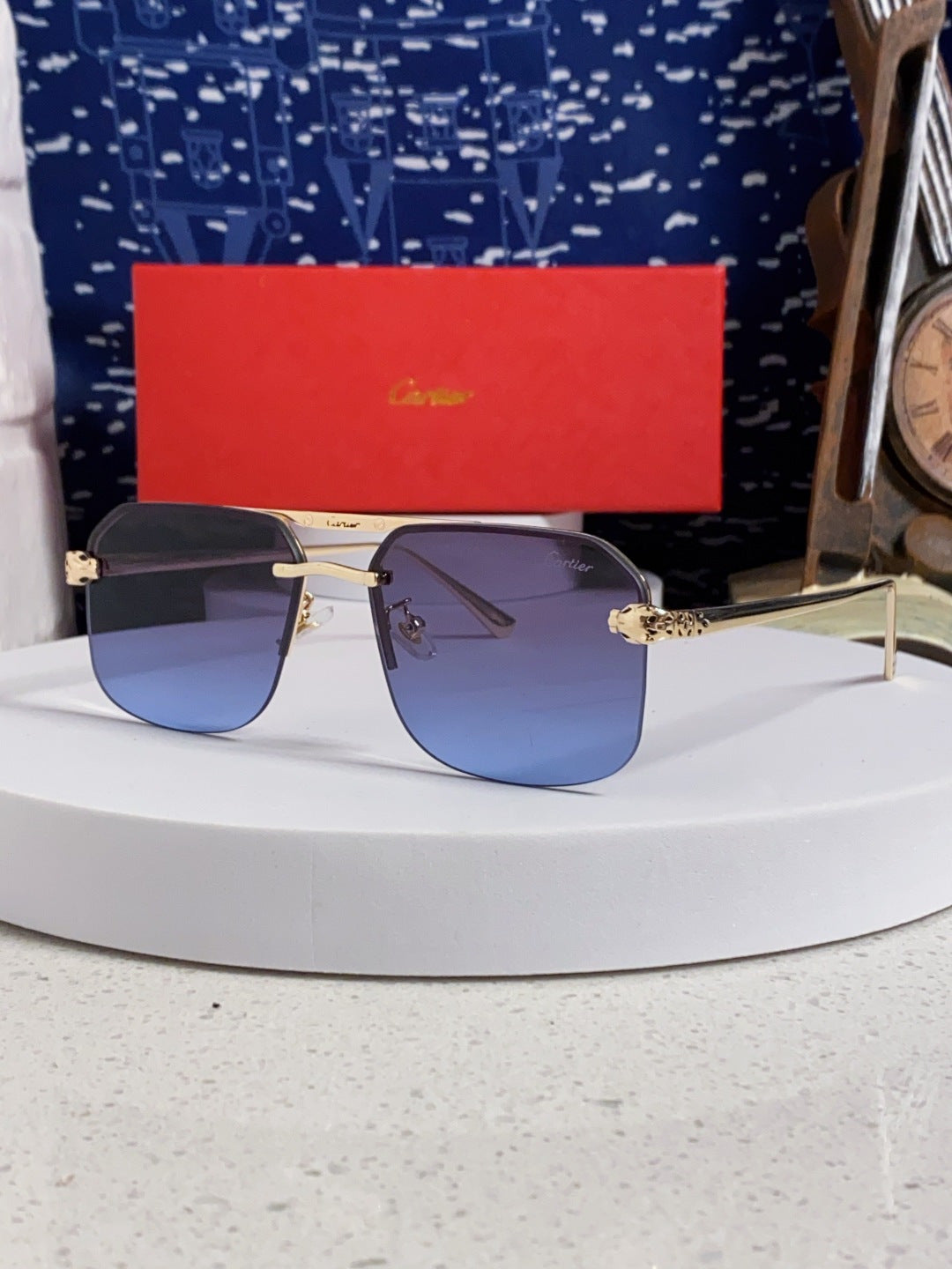Cartier Metal Square Blue Lens Sunglasses for Men & Women - 399006