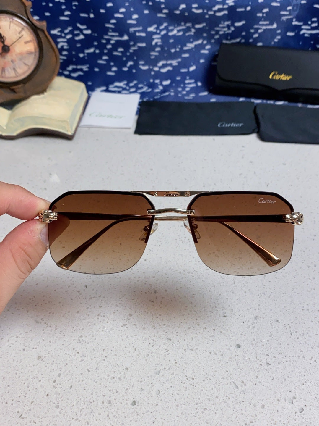Cartier Metal Square Brown Lens Sunglasses for Men & Women - 158518 - detail image 4