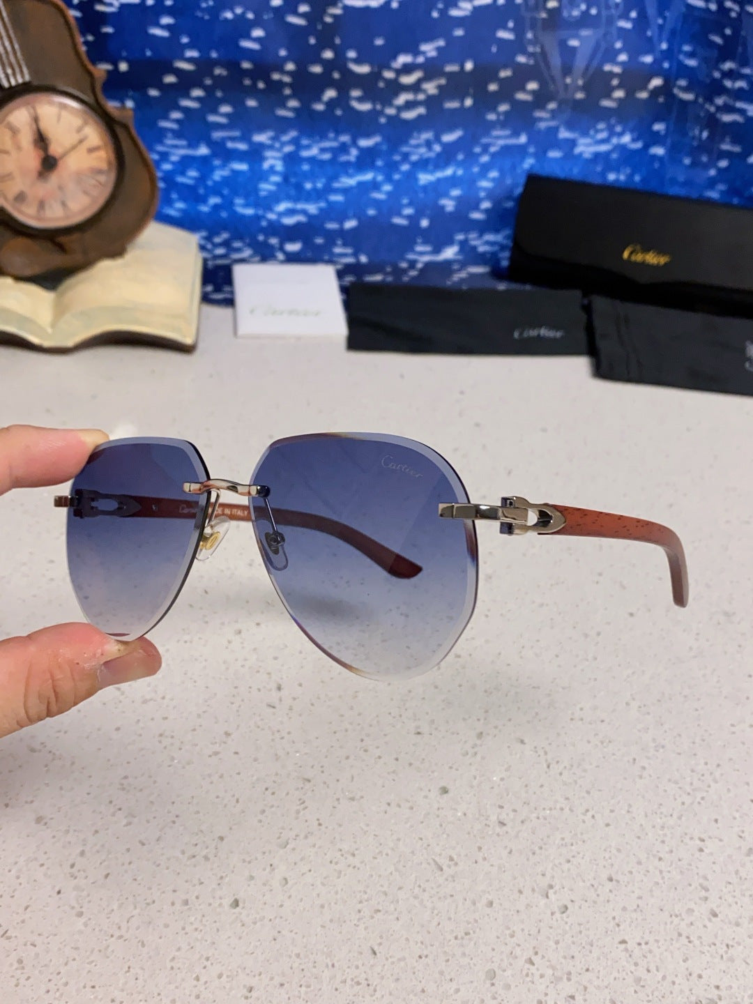 Cartier Lightweight Rimless Blue Lens Sunglasses for Men & Women - 358542 - detail image 5