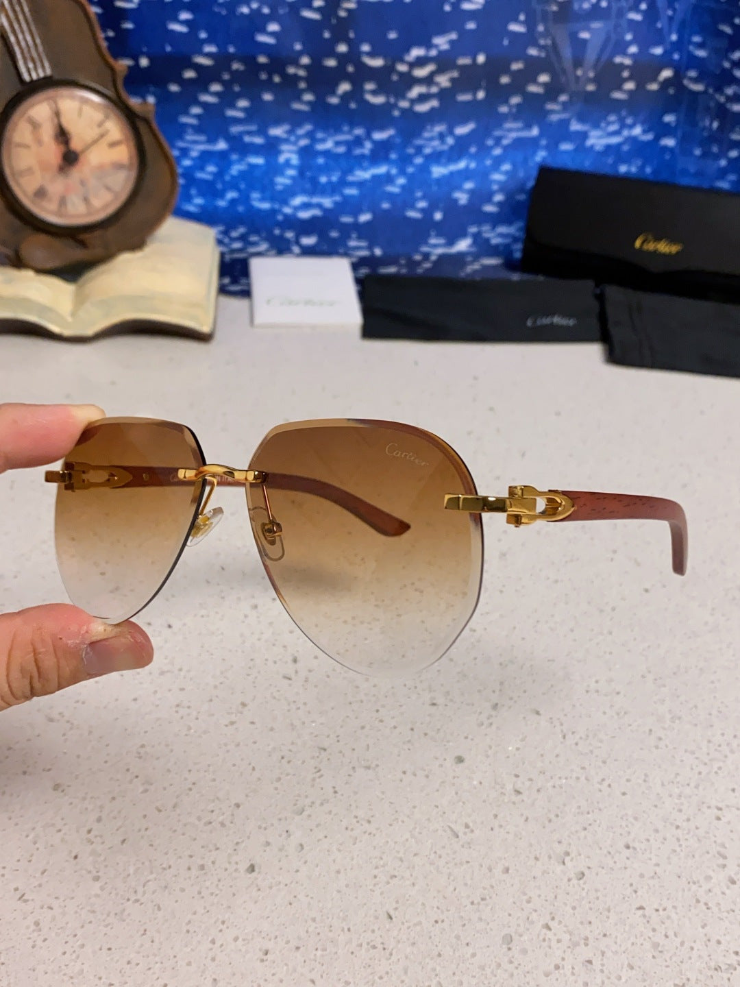 Cartier Lightweight Rimless Brown Lens Sunglasses for Men & Women - 358543 - detail image 6
