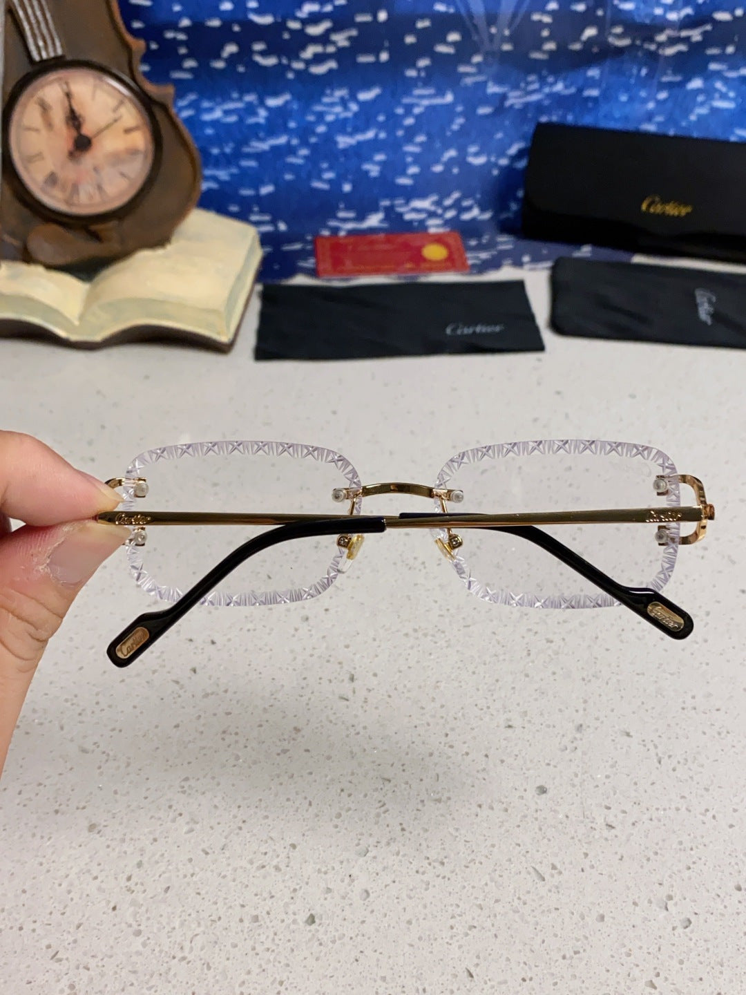 Cartier Metal Square Blue Lens Sunglasses for Men & Women - 487350 - detail image 5