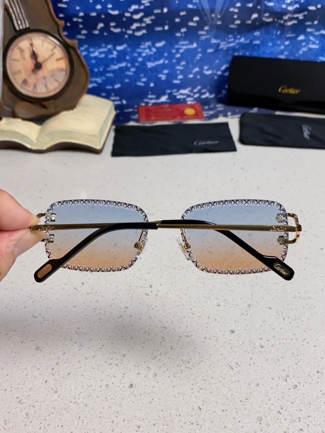 Cartier Metal Square Blue Lens Sunglasses for Men & Women - 432343 - detail image 5