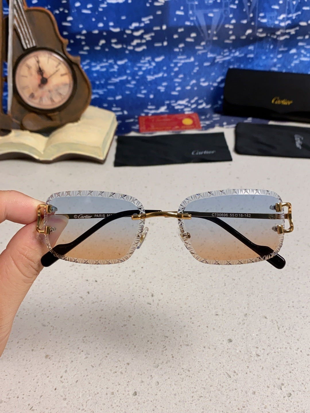 Cartier Metal Square Blue Lens Sunglasses for Men & Women - 432343 - detail image 4