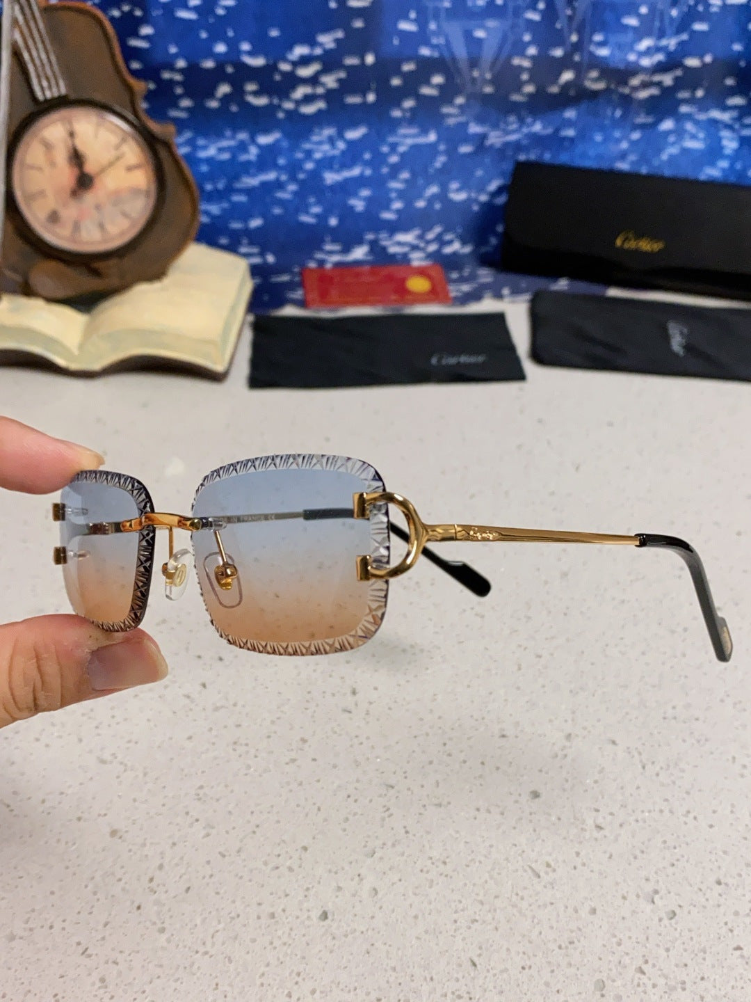 Cartier Metal Square Blue Lens Sunglasses for Men & Women - 487351 - detail image 6