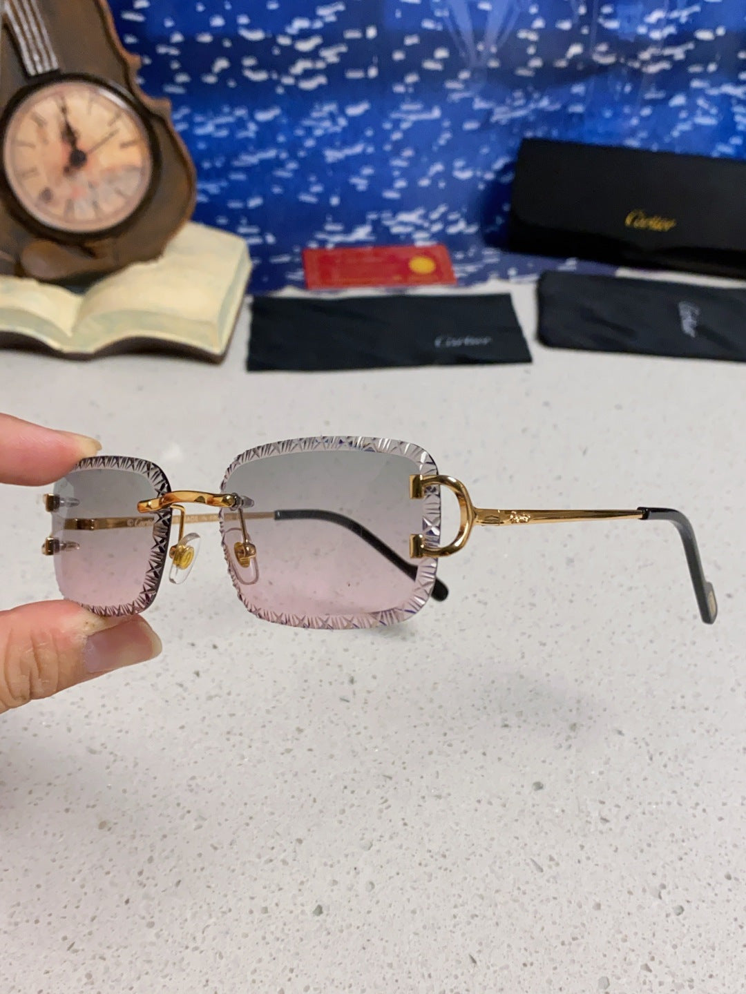 Cartier Metal Square Blue Lens Sunglasses for Men & Women - 432344 - detail image 6
