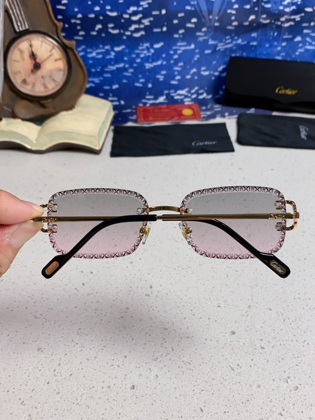 Cartier Metal Square Blue Lens Sunglasses for Men & Women - 487352 - detail image 5