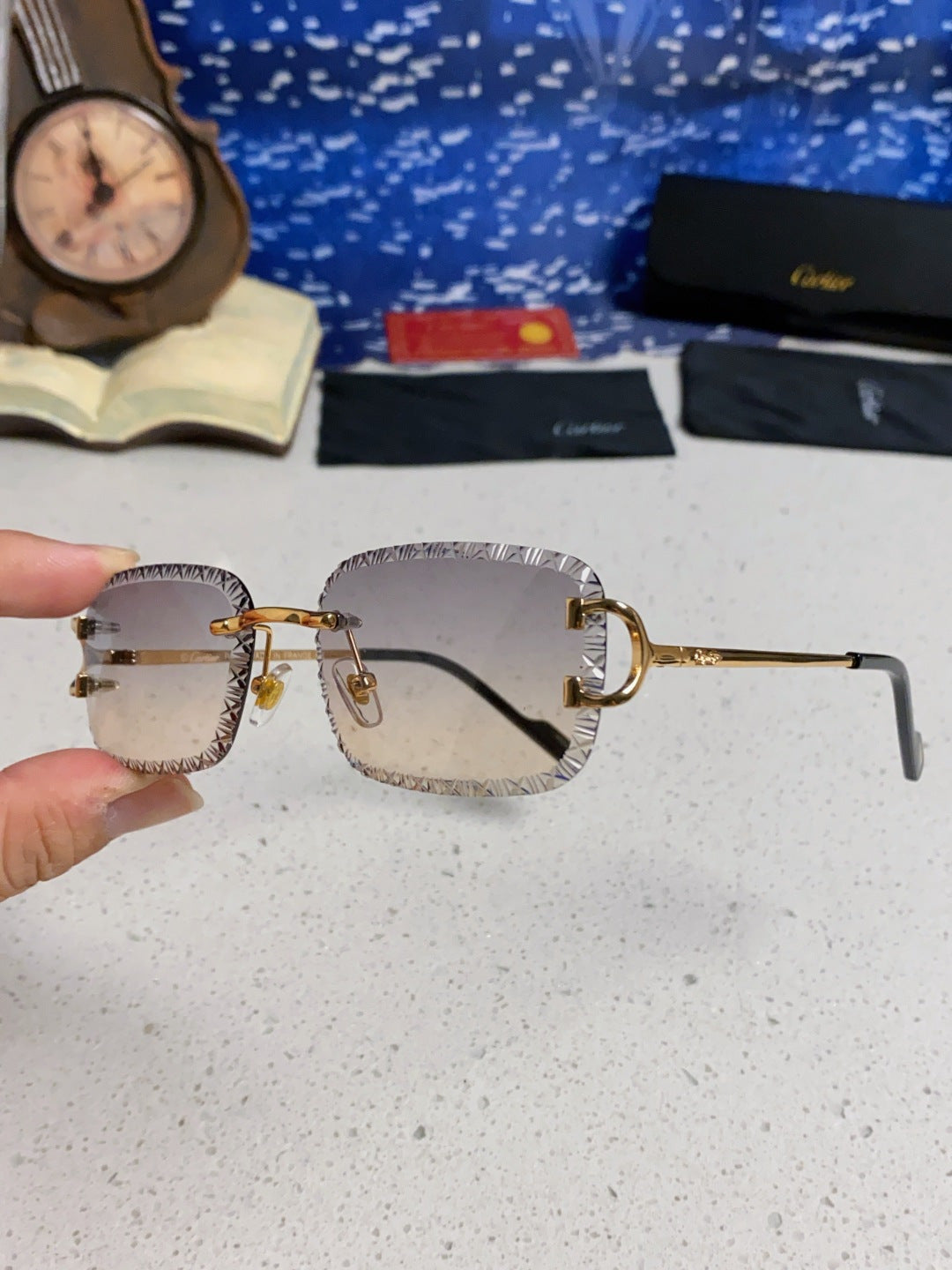 Cartier Metal Square Blue Lens Sunglasses for Men & Women - 432345 - detail image 6