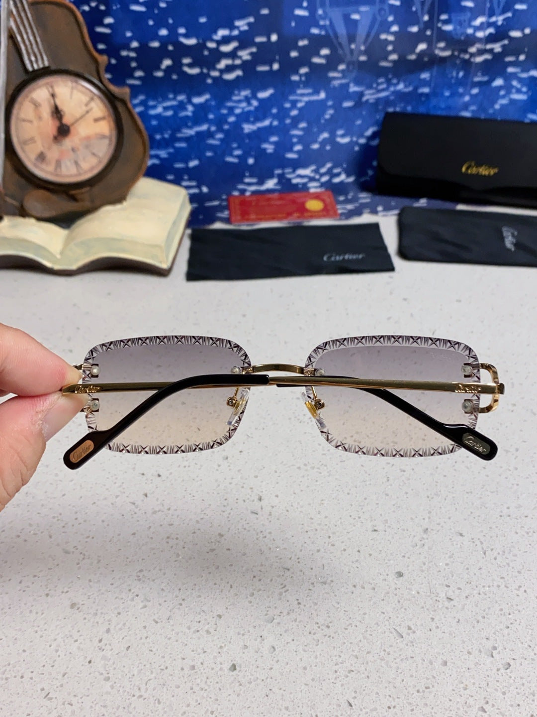 Cartier Metal Square Blue Lens Sunglasses for Men & Women - 432345 - detail image 5
