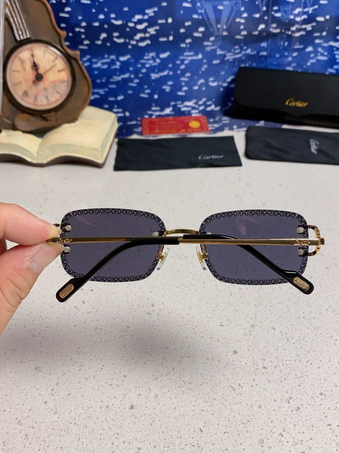 Cartier Metal Square Black Lens Sunglasses for Men & Women - 998237 - detail image 5