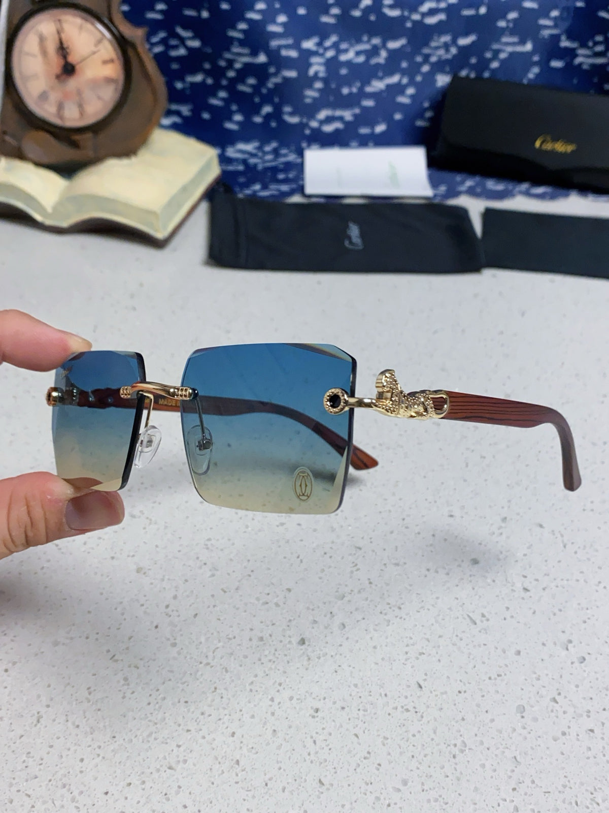 Cartier Lightweight Rimless Blue Lens Sunglasses for Men & Women - 487371 - detail image 6