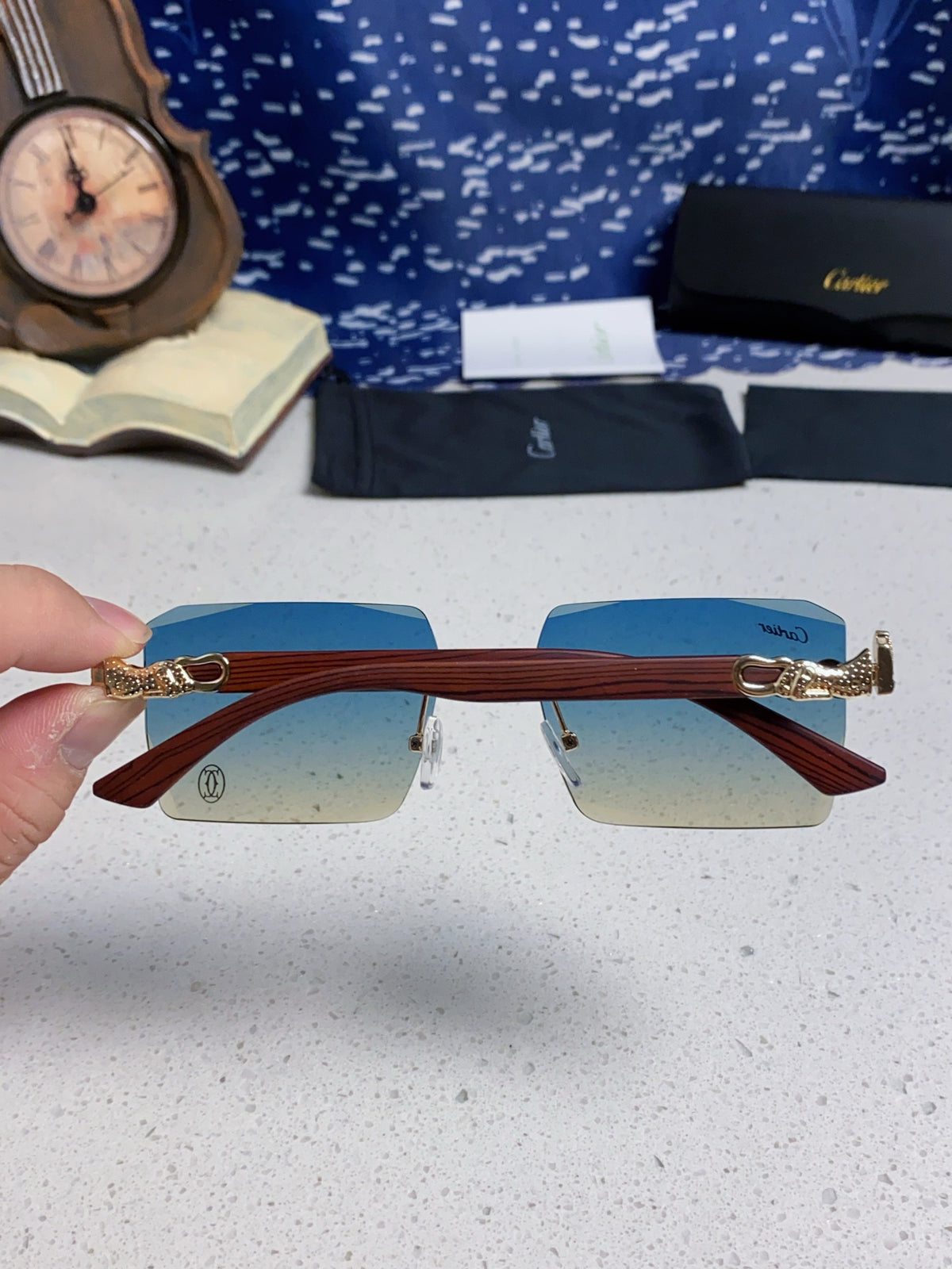Cartier Lightweight Rimless Blue Lens Sunglasses for Men & Women - 432350 - detail image 5