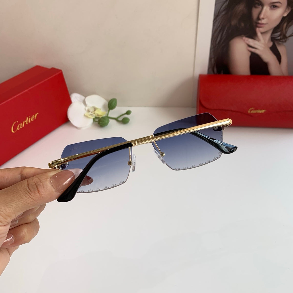 Cartier Lightweight Rimless Blue Lens Sunglasses for Men & Women - 158523 - detail image 4